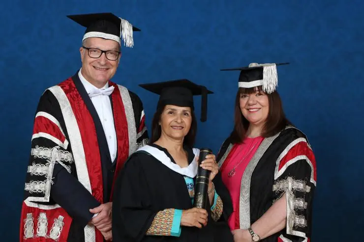Naheed Arshad-Mather MBE with Professor Graham Baldwin, Vice-Chancellor, and Anne McCarthy, Chair of the University Board