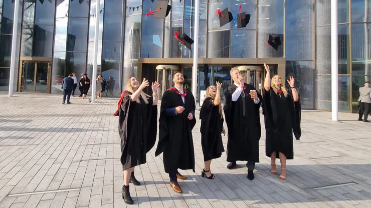 Rachel, Jonathan and friends outside the new Student Centre at UCLan Preston Campus