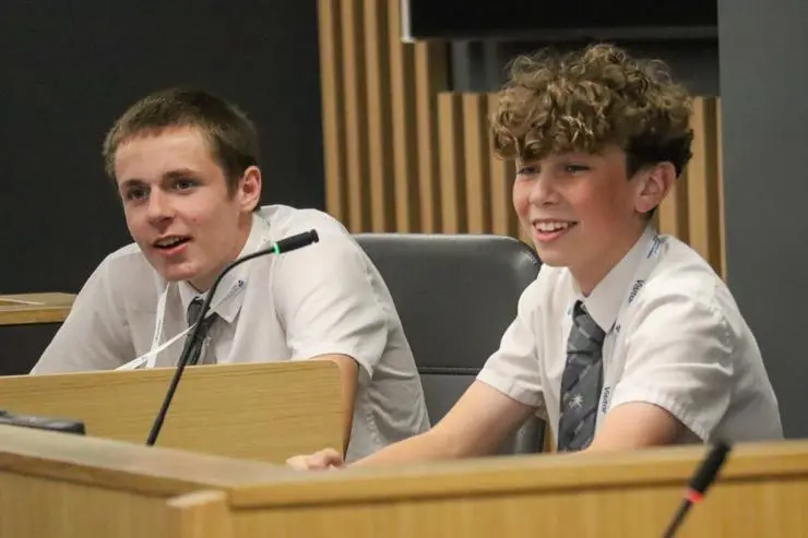 Pupils in a mock court trial, as used by social work students.