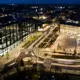 university square and the student centre at night with christmas tree