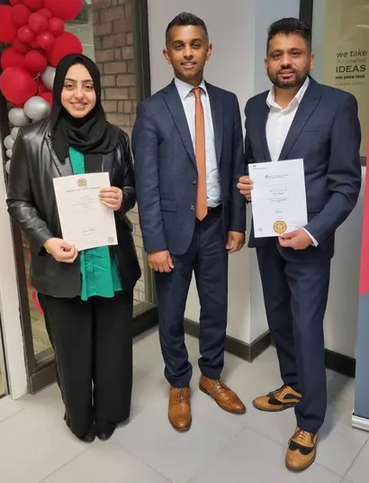 Left to right: Anam Zubair, Degree Apprentice, Dharma Kovvuri, Dean at UCLan Burnley Campus, Ibrar Syed, Programmes Director at E-Habits and Senior Leader Degree Apprentice
