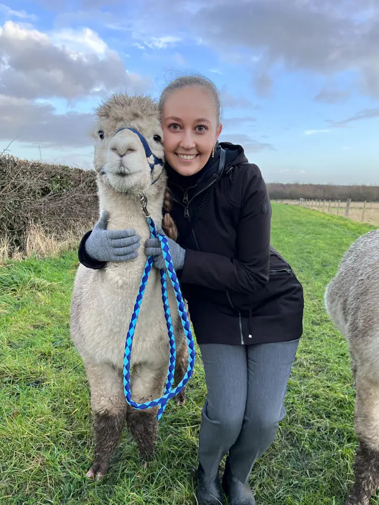 Maya at an alpaca farm near Preston