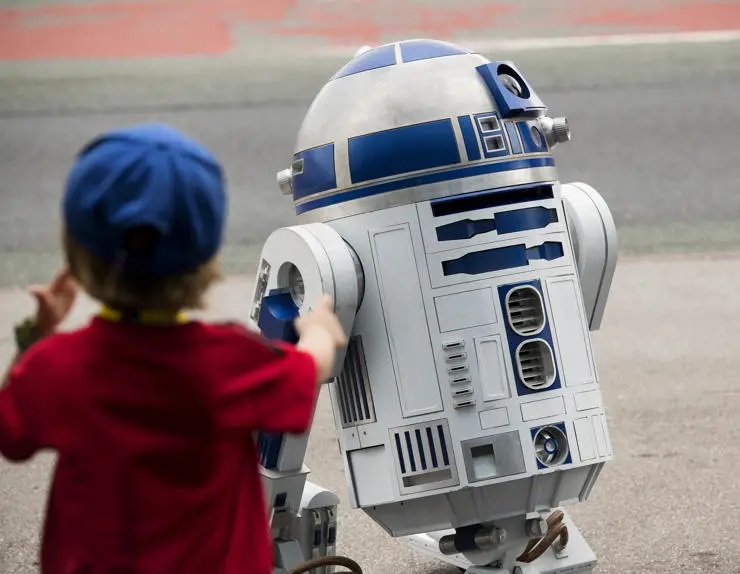 A young child watching a robot