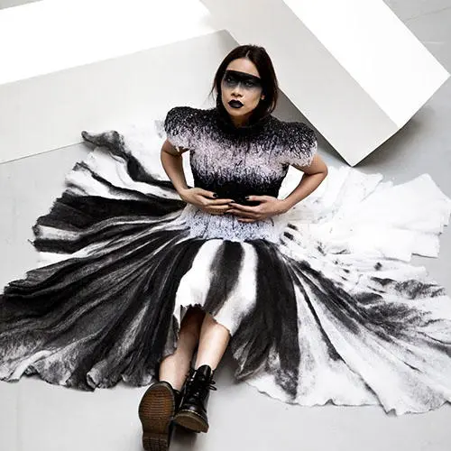 Carrie made the unusual dresses with more than 2,000 glue sticks