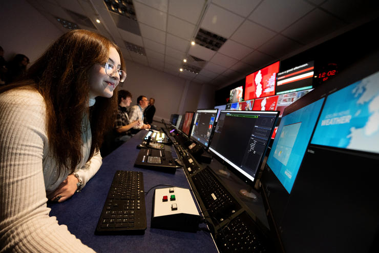 Alice Wilson from Blackpool 6th Form in the TV gallery helping to produce a news bulletin