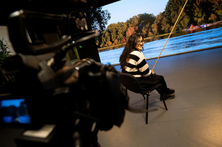 Faheema Chaudry from Burnley College learns how a virtual production screen works