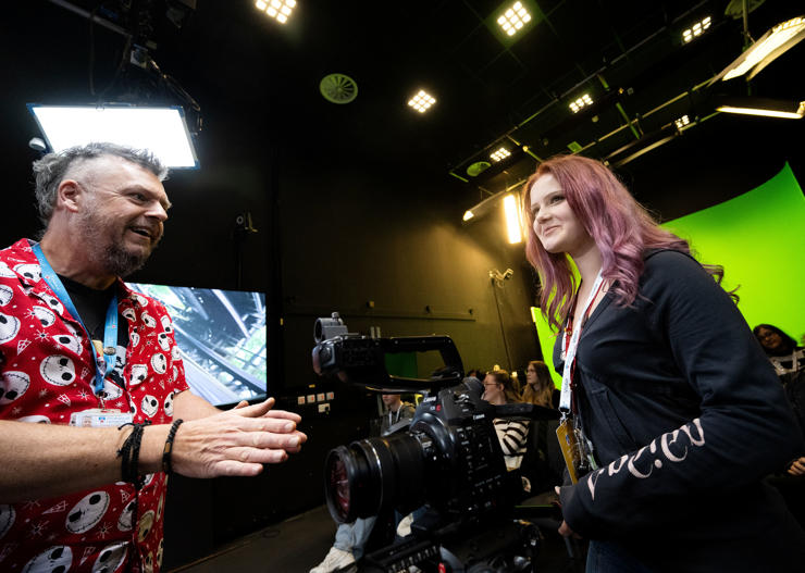 Miya McDonland from Burnley College with senior lecturer Ian Crook in the virtual production session