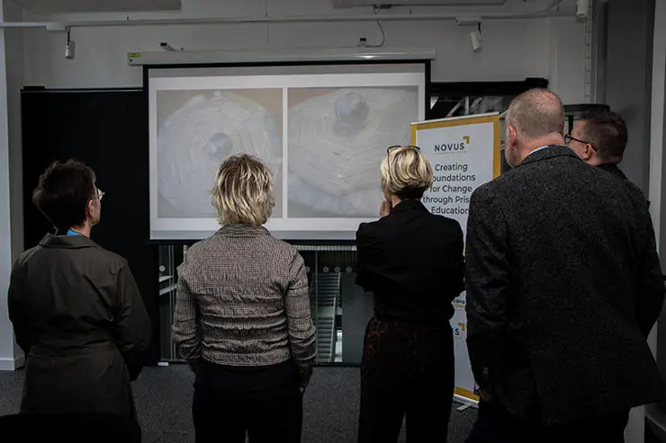 Representatives from the University of Central Lancashire and the Harris Museum look at artwork submitted for the first Exhibition of Hope. 