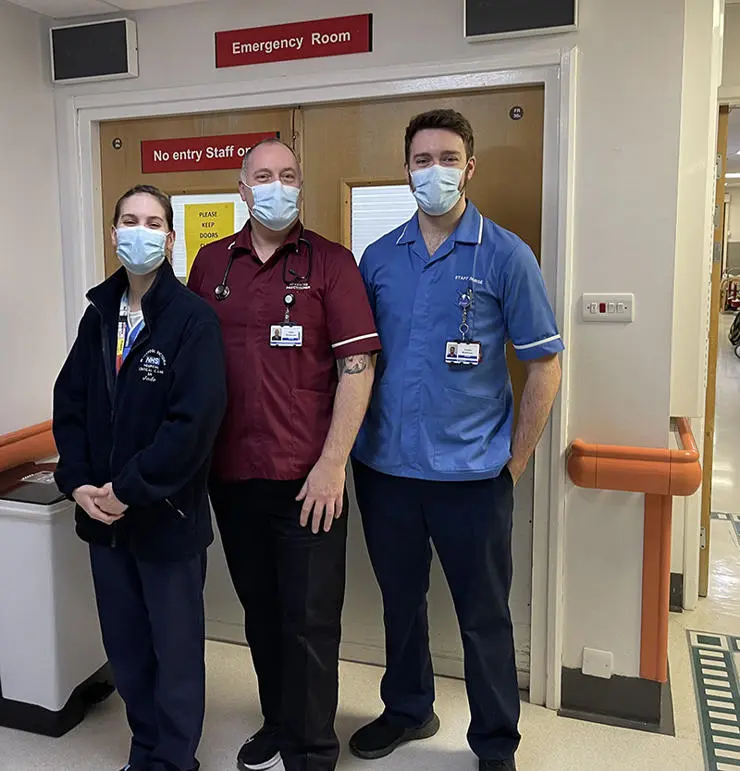 (L-R) Intensive care nurse Jade Johnson, advanced clinical practitioner Peter McKiernan and staff nurse Connor McKiernan at Blackpool Victoria Hospital.