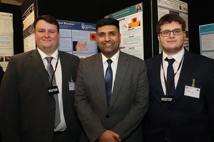 (L-R) UCLan PhD students Daniel Johnson, The Lord Khan of Burnley and UCLan PhD student Daniel Gass.