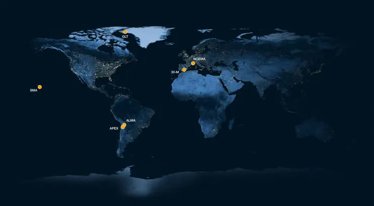 Location of the observatories used in an EHT pilot experiment. The yellow dots mark the location of the antennas and arrays that participated in a pilot experiment conducted by the Event Horizon Telescope (EHT) Collaboration.
Figure credit: ESO/M. Kornmesser