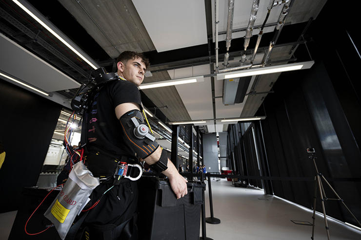 UCLan MSc Mechatronics student Mackenzie Lafferty takes part in the pallet lifting exercise.