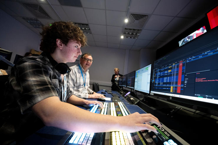 Harry Morgan from Blackpool 6th Form in the TV gallery helping to produce a news bulletin