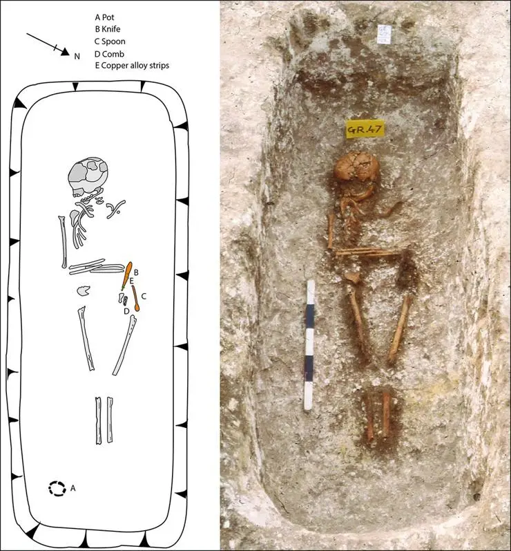 Human skeletal remains in a grave at the Updown cemetery, along with a plan indicating the positioning of grave goods.
