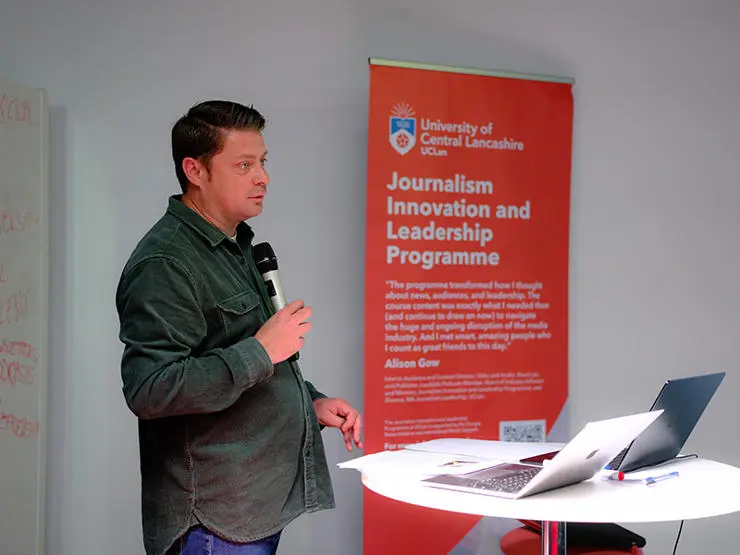 Matt Cooke, head of Google News Lab, speaks to participants