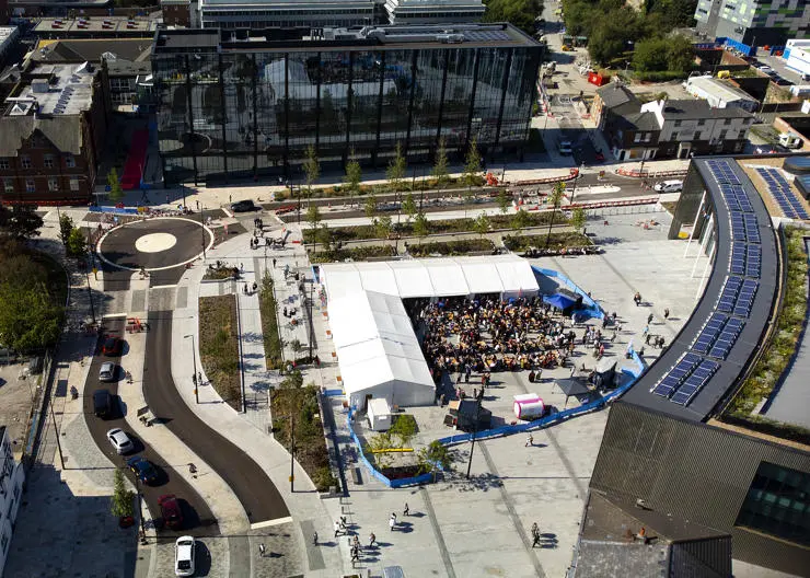 An aerial shot of the new road layout around the Student Centre and University Square.