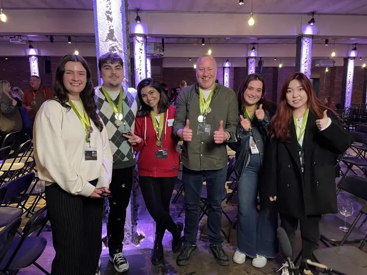 L-r: University of Leeds' Olivia Duff; Manchester Metropolitan University's Rory O’Moore; Lancaster University's  Ashwini Kelkar; Karl Sanderson, Executive Creative Director of Vivid; Leeds Arts University's Taylor Orford and UCLan's Jiaqi Rong