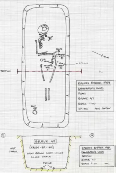 The excavator's drawing of Updown Girl, Eastry Kent (Kent Archaeology Research Unit)