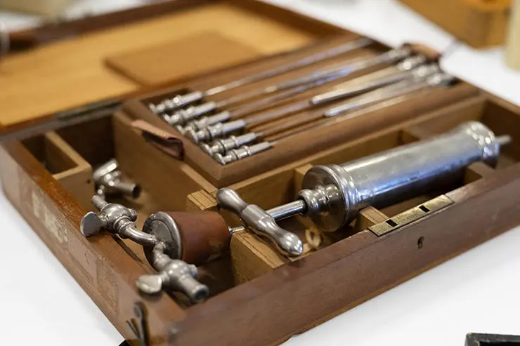 A metal syringe kit from the 1960s