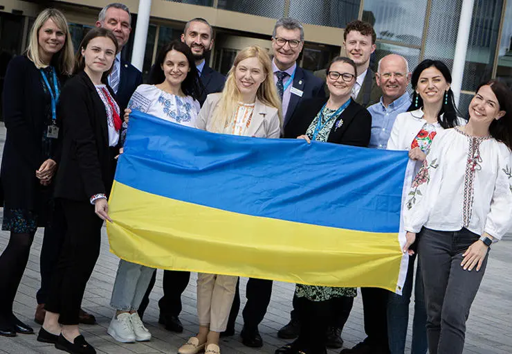 The Uzhhorod visitors with UCLan staff on  University Square